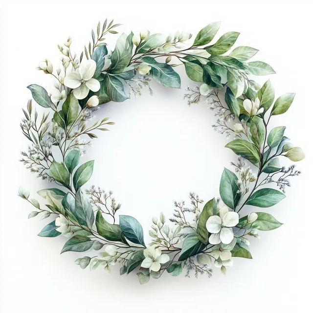Watercolor botanical wreath with green eucalyptus leaves and white blossoms on light background