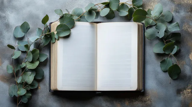 Open blank book centered on a textured surface with eucalyptus leaves arranged around it.