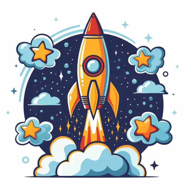 Cartoon rocket launches through starry space above fluffy clouds with bright yellow flames