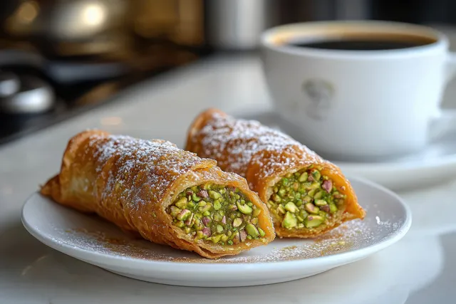 Pistachio cream cannoli on white plate beside espresso cup in morning light