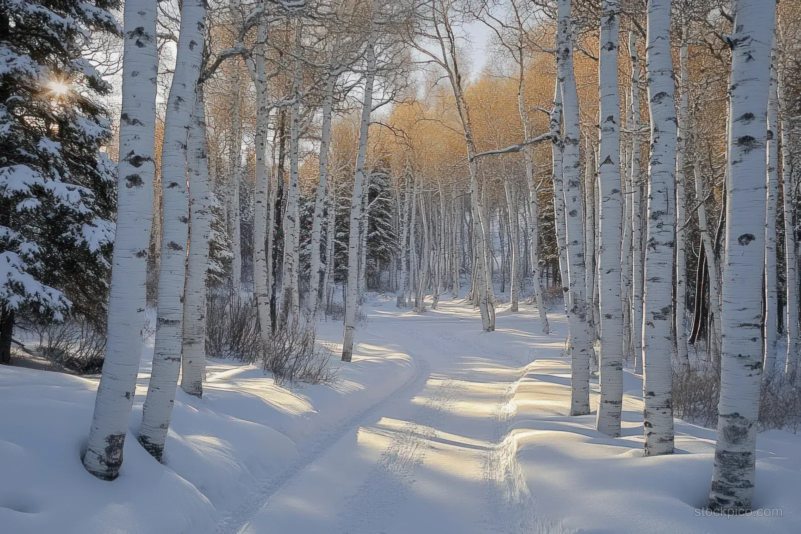 Snowy trail through a birch forest where sunbeams create long shadows across the fresh snow.