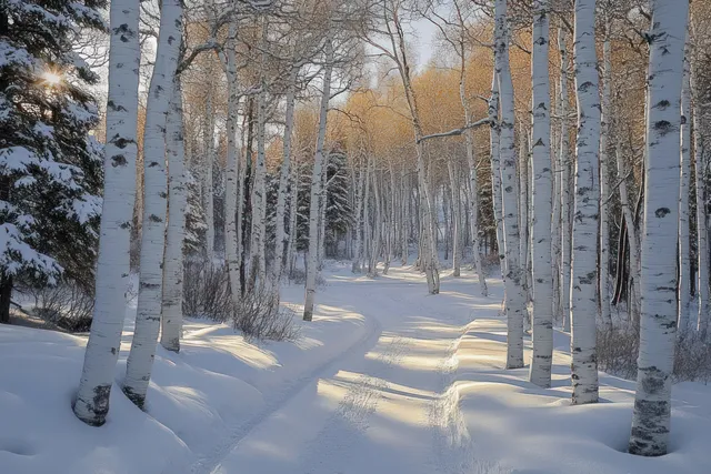 Snowy trail through a birch forest where sunbeams create long shadows across the fresh snow.