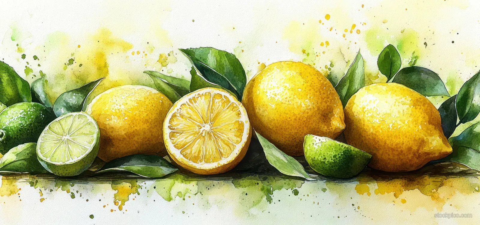 Watercolor lemons and limes with mint leaves and citrus splatter on a cream background.
