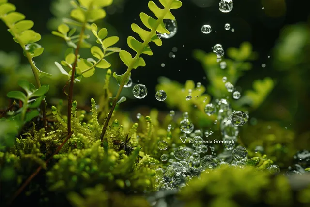 Dew drops on green seedlings in a misty forest soil, symbolizing clean energy growth