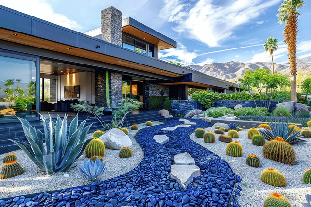 Modern desert home courtyard with blue and black rock hardscape, cacti, and palms