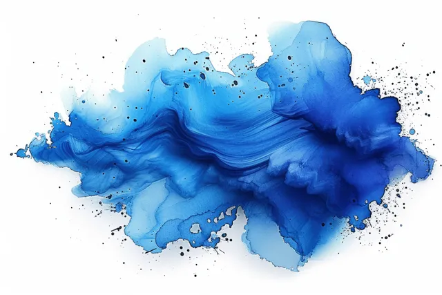 Manchas vibrantes de aquarela azul com pontos de respingos espalhadas sobre um fundo branco.