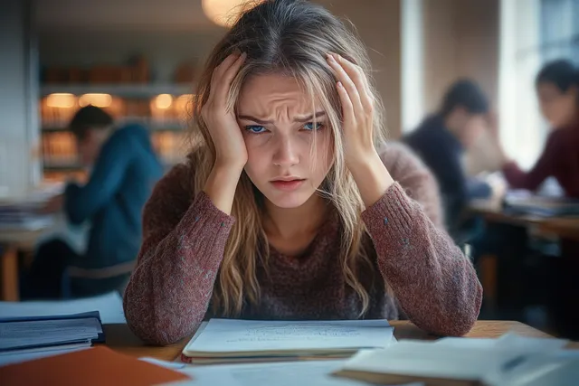 Stressed young woman covers her eyes at a library desk with open books and papers around her.
