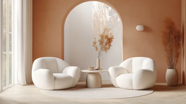 Two white lounge chairs and a round table sit in a minimal living room with a peach wall and arched window light.