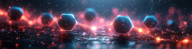 Neon hexagon molecular network and connected particles glow over a futuristic abstract science background.