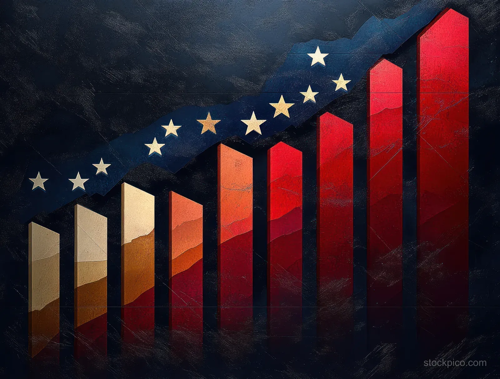 Gradient bar chart rises in beige to red with ascending white stars over a dark textured background.