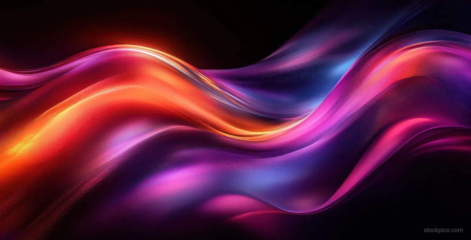 Iridescent glowing metallic ribbon waves swirl across a black background in blue, purple, and orange.