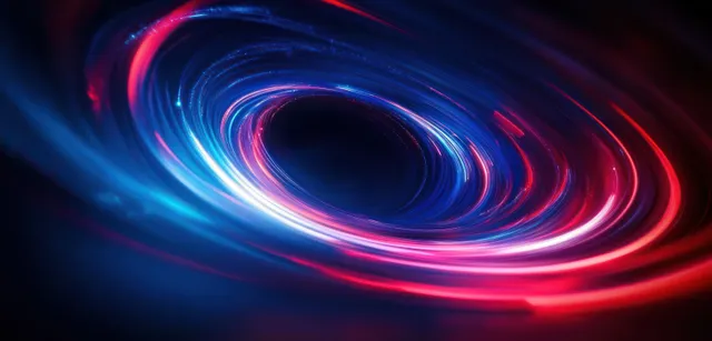 Neon light trails swirl in a dark tunnel, blue and red streaks forming circular motion