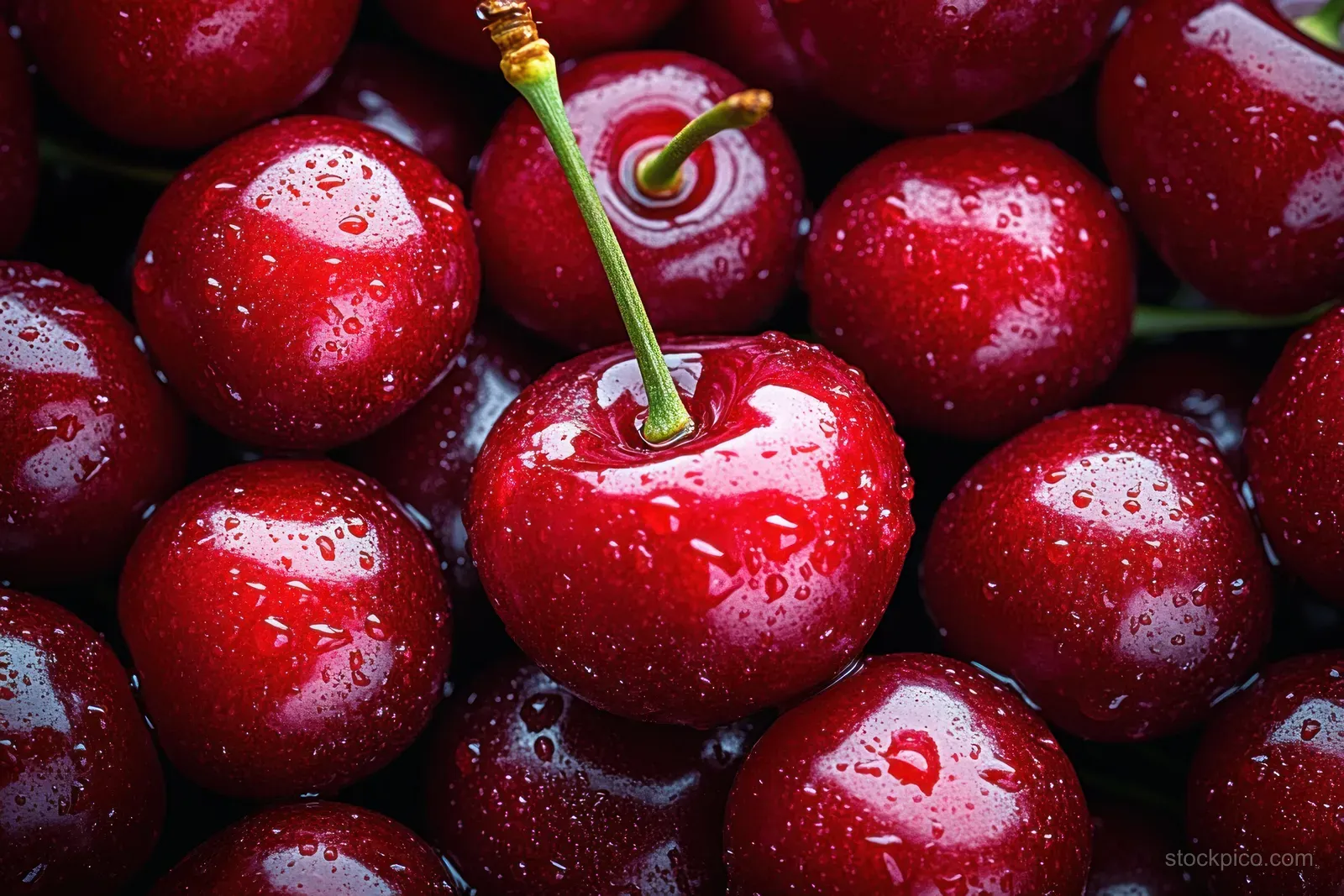 Ripe red cherries covered in water droplets with a green stem, filling the frame in close-up.