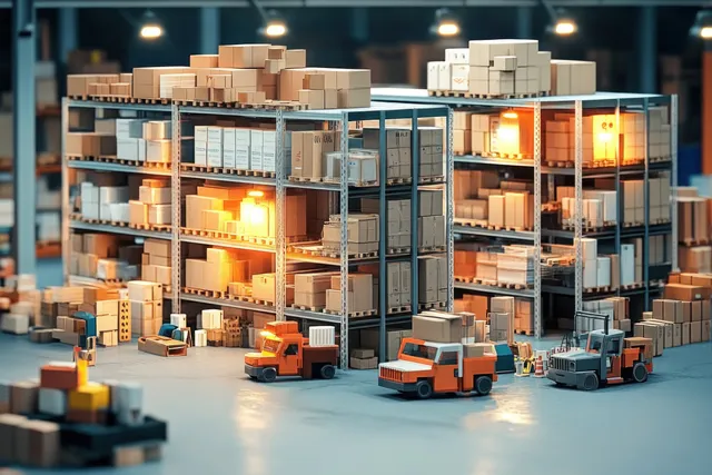 A modern warehouse scene with stacked boxes, cargo containers, and delivery vehicles under soft ambient lighting.
