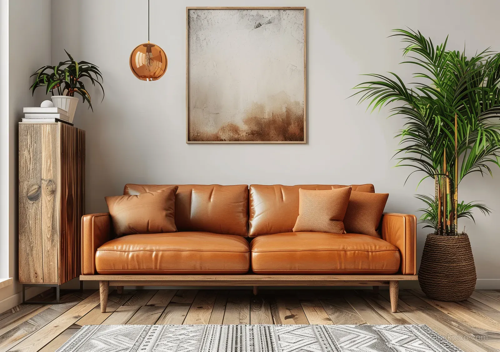 Bright living room interior with a brown leather sofa, wooden cabinet, plants in vases, and a patterned rug.