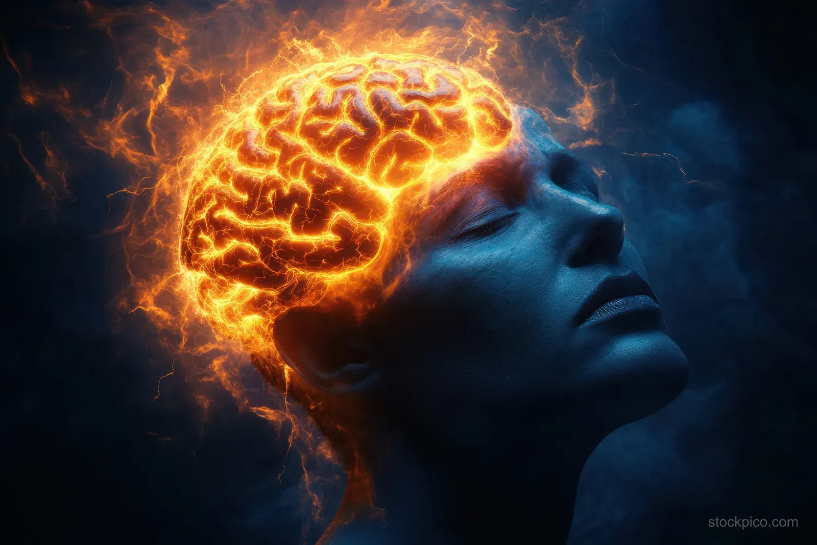 Man in profile grimaces while electric brain sparks glow behind his head amid dark stormy shadows.