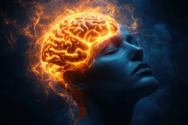 Man clutches migraine pain as glowing electric brain sparks flare behind dramatic shadows