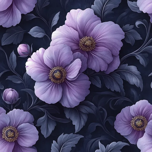 Purple Art Nouveau flowers repeating across dark floral pattern background