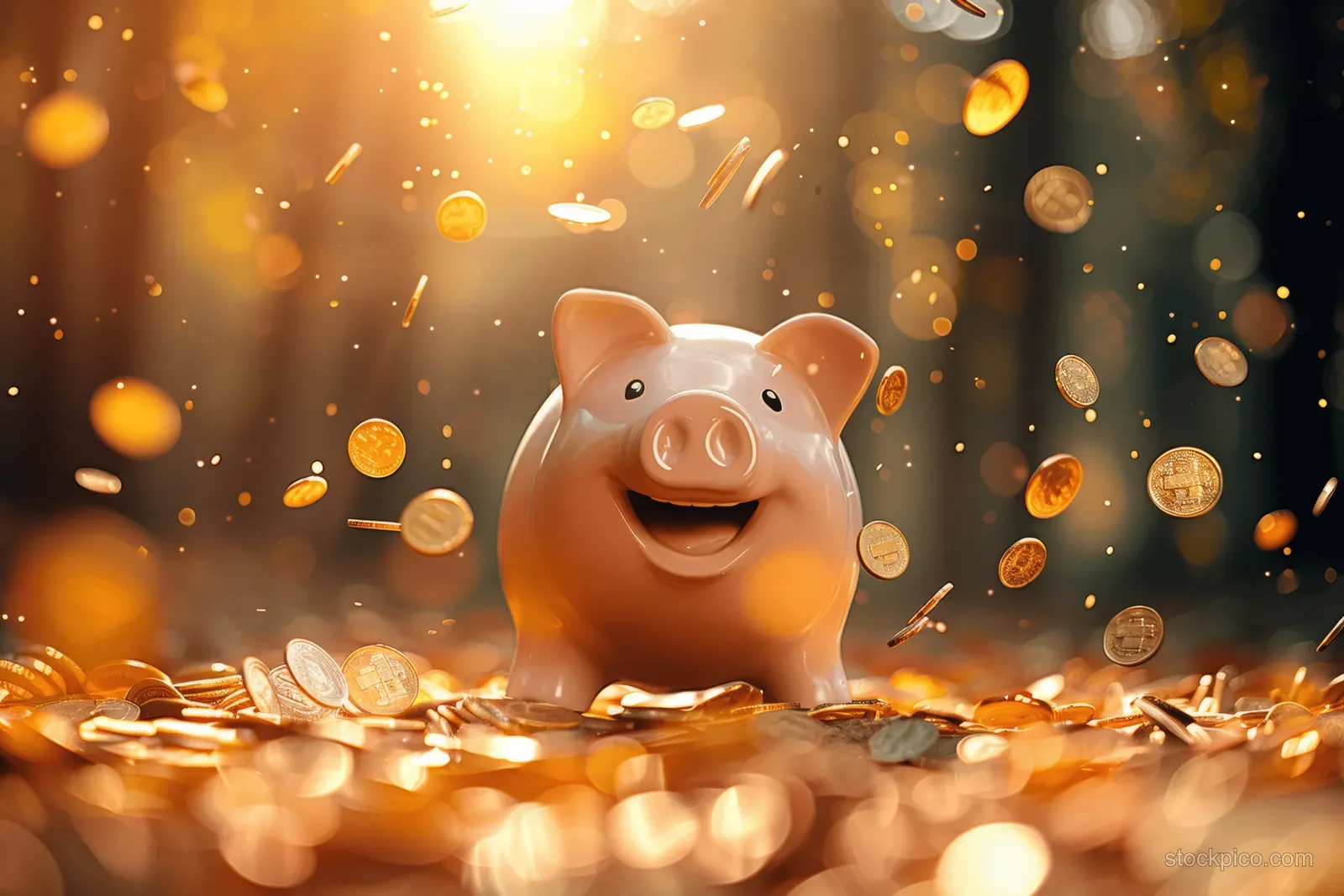 A smiling piggy bank is surrounded by floating golden coins in a sunlit forest clearing.