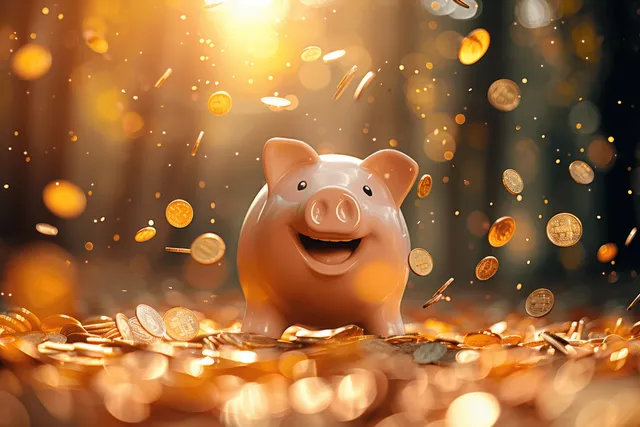 A smiling piggy bank is surrounded by floating golden coins in a sunlit forest clearing.