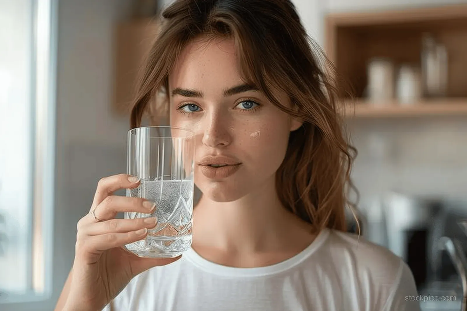 Young woman drinking a glass of water in a home kitchen with soft natural light.