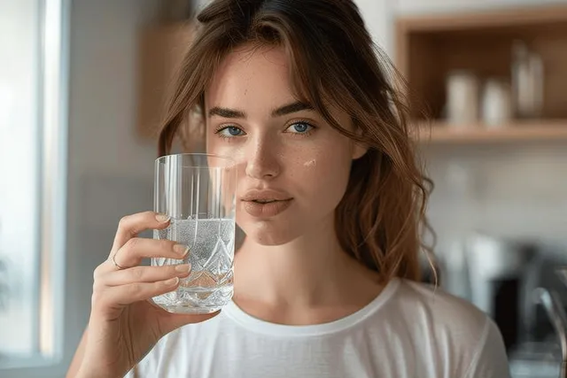 Young woman drinking a glass of water in a home kitchen with soft natural light.