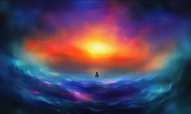 A lone silhouette stands on a dark horizon beneath swirling glowing clouds in warm sunset colors.