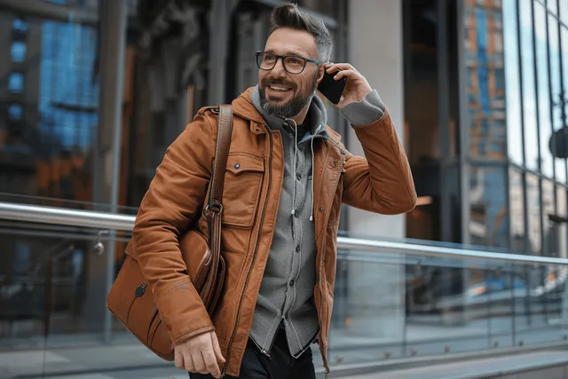 A smiling businessman in a brown jacket talks on a smartphone while walking past a modern office building with a leather bag.