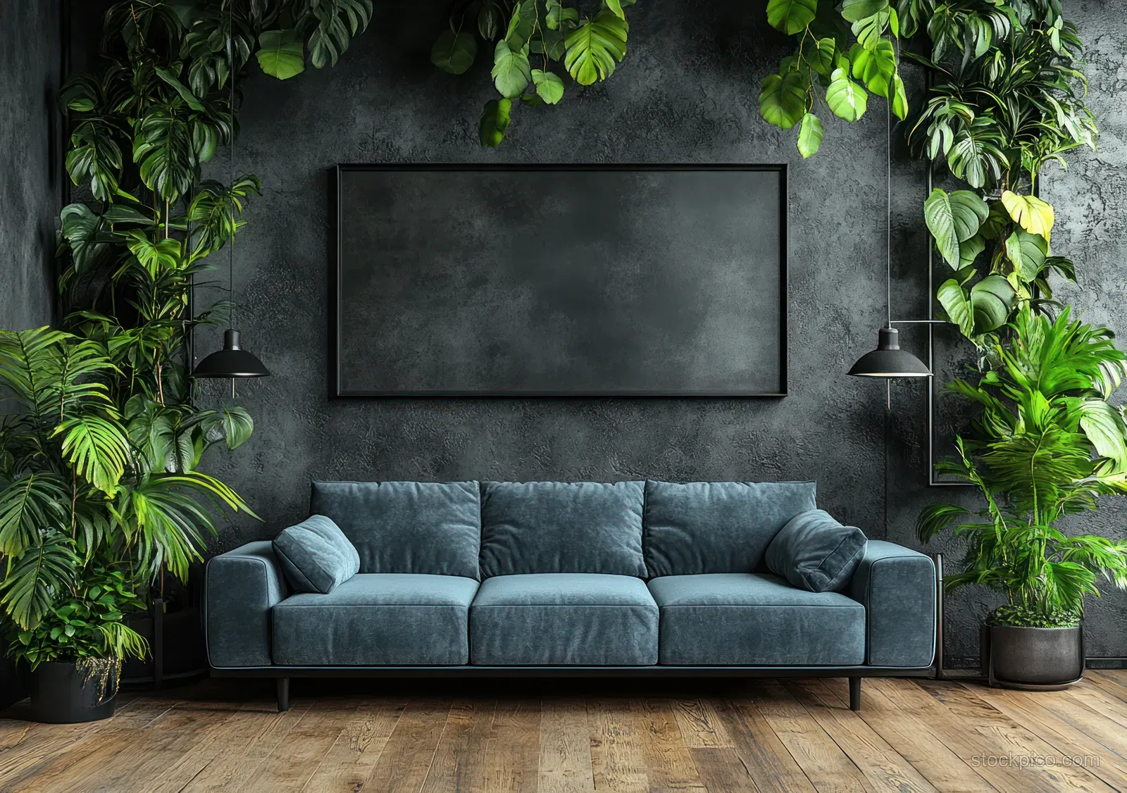 Blue velvet sofa sits against a dark gray wall with two lamps and surrounding hanging green plants.