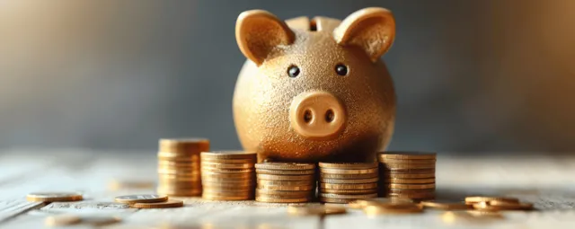 Piggy bank on a table with floating gold coins, savings growth concept
