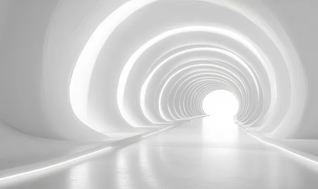 White futuristic tunnel interior with glowing concentric rings narrowing toward a bright exit.