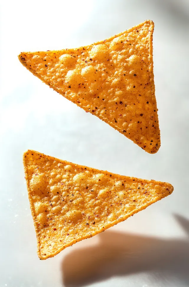 Two triangular seasoned tortilla chips lie on a light background with crisp textured surfaces visible.
