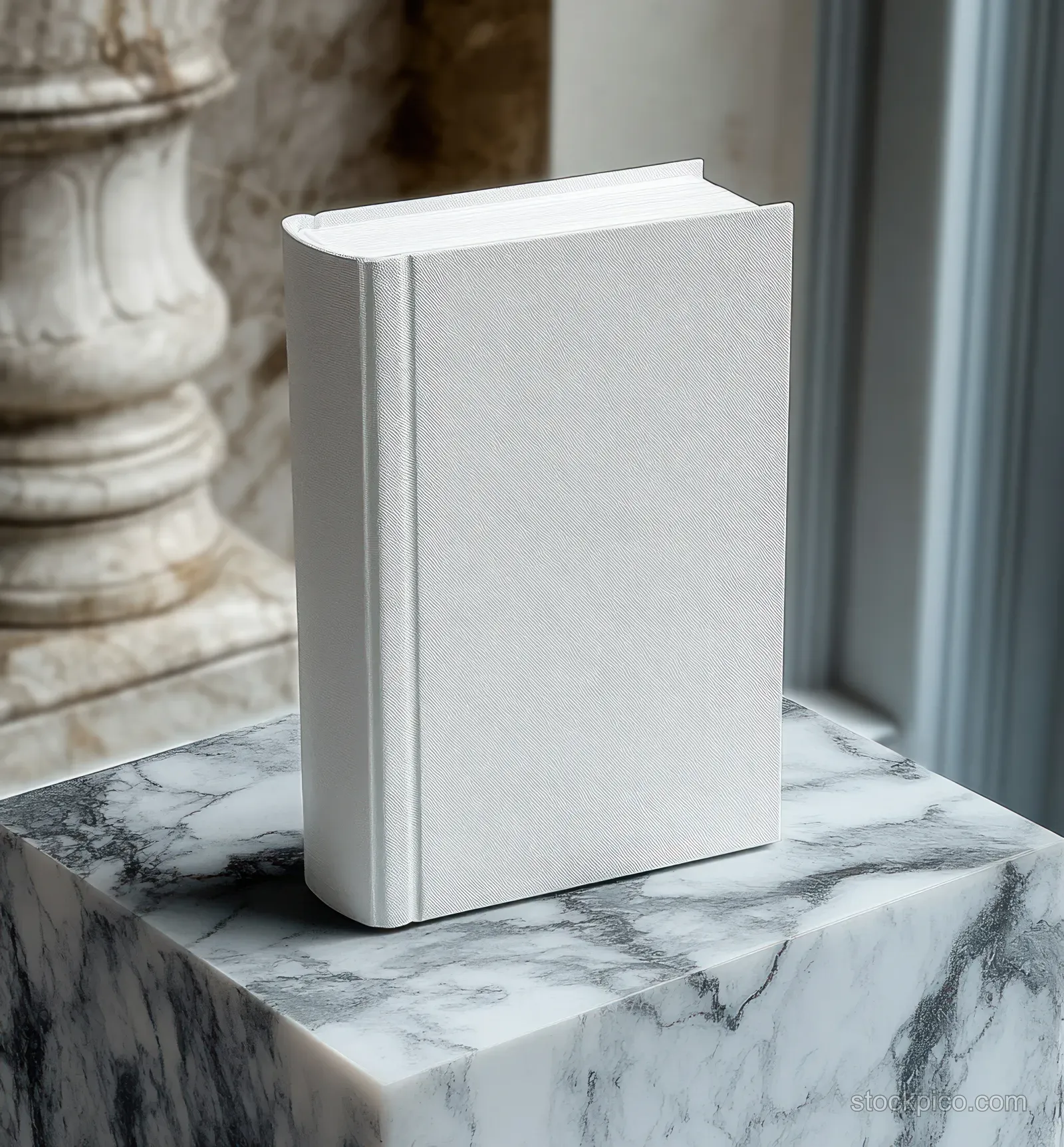 Closed white hardcover book upright on a marble pedestal by a window with soft natural light and ornate stone background.