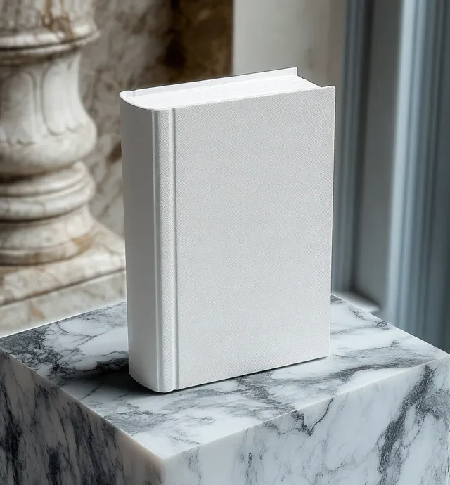 Closed white hardcover book upright on a marble pedestal by a window with soft natural light and ornate stone background.