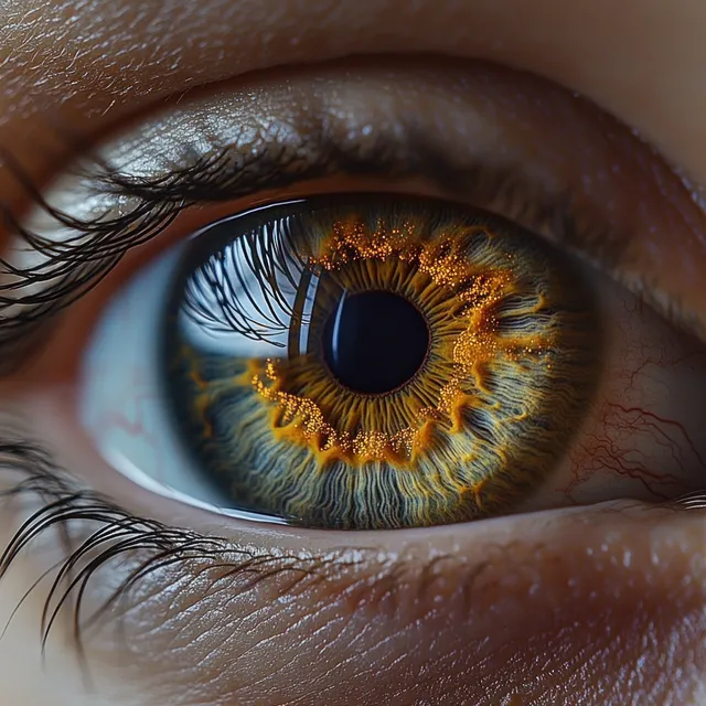 Extreme close-up of a human eye revealing detailed golden-brown iris patterns, eyelashes, and skin texture.