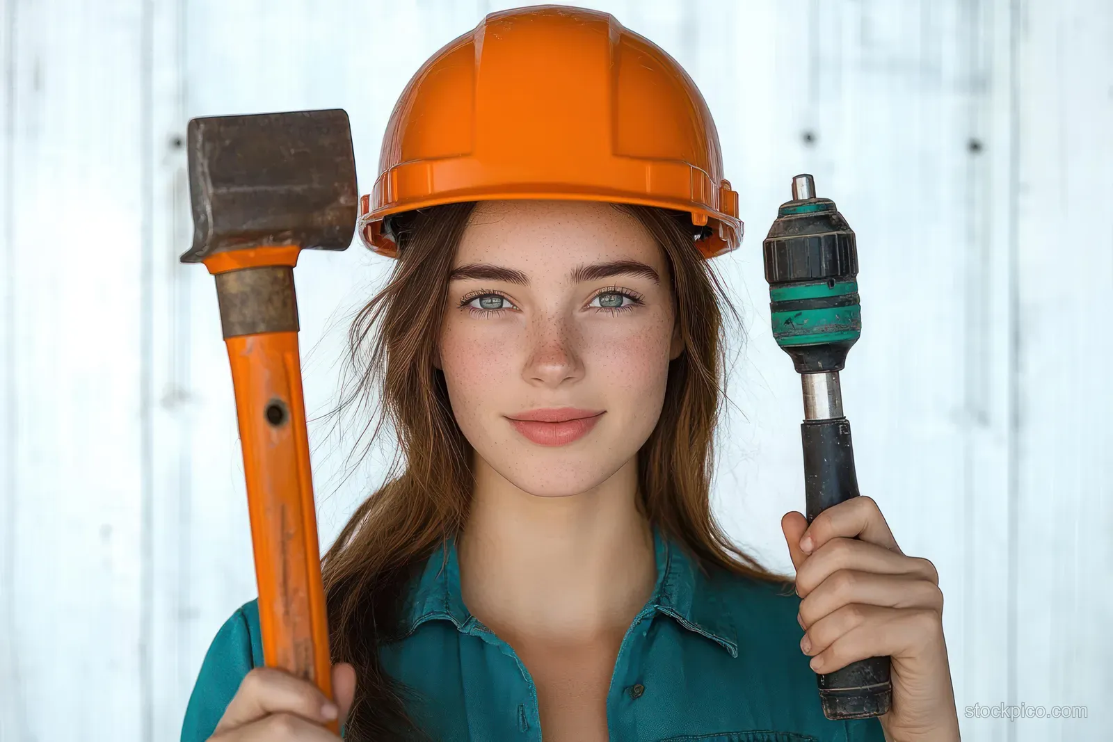 Woman in an orange construction helmet holding a hammer and a drill against a bright indoor wall.