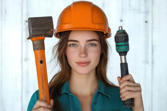 Confident woman in orange helmet holding hammer and drill against bright indoor wall