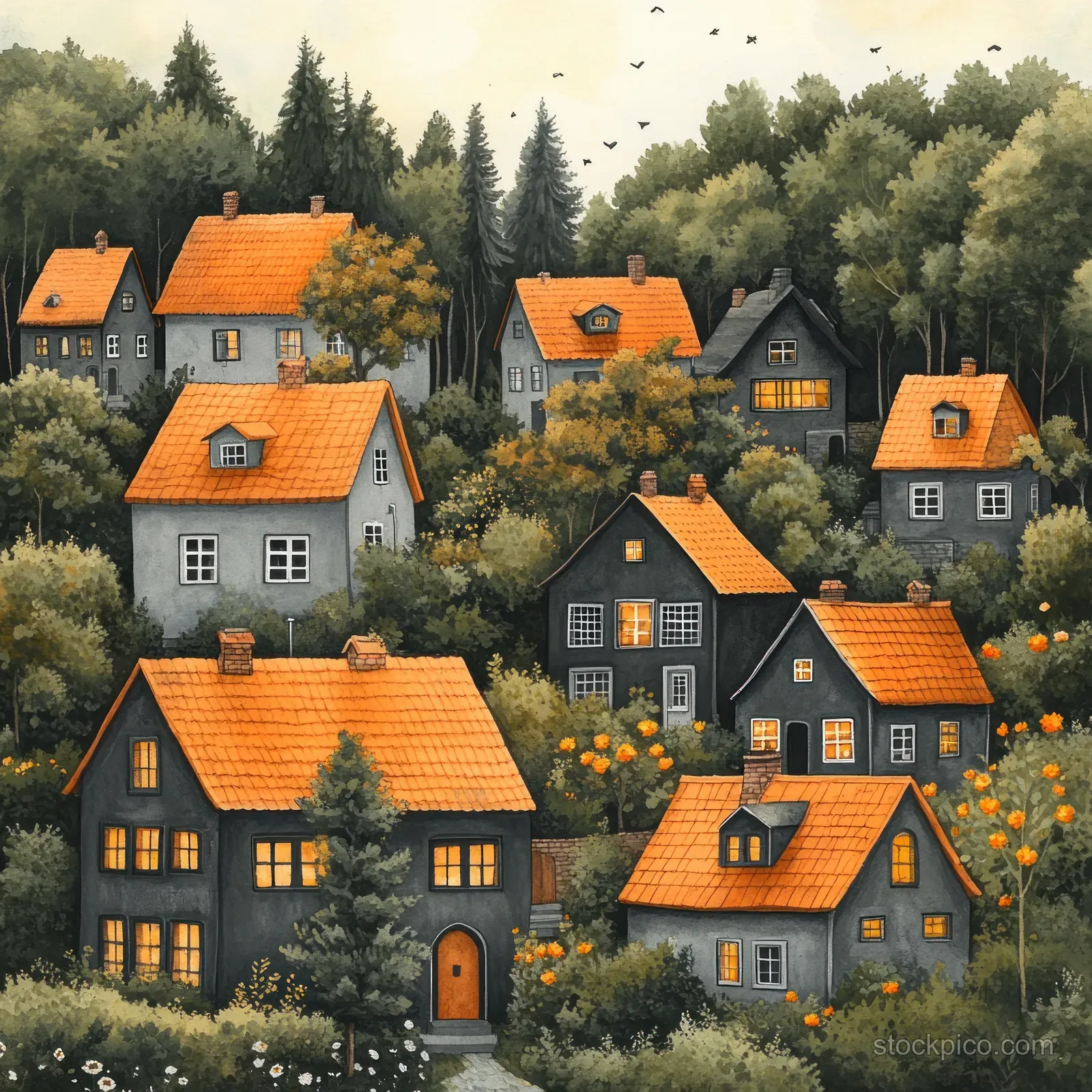 A cluster of cozy houses with orange roofs and glowing windows sits among autumn trees as snowy flakes fall at sunset.