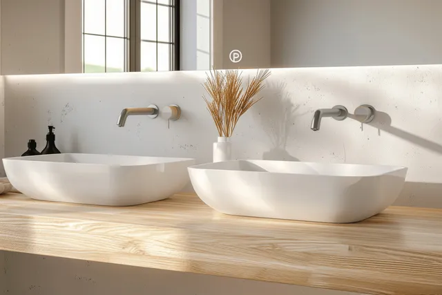 White double sinks and chrome faucets sit on a light wood countertop with a reed diffuser near a bright window.
