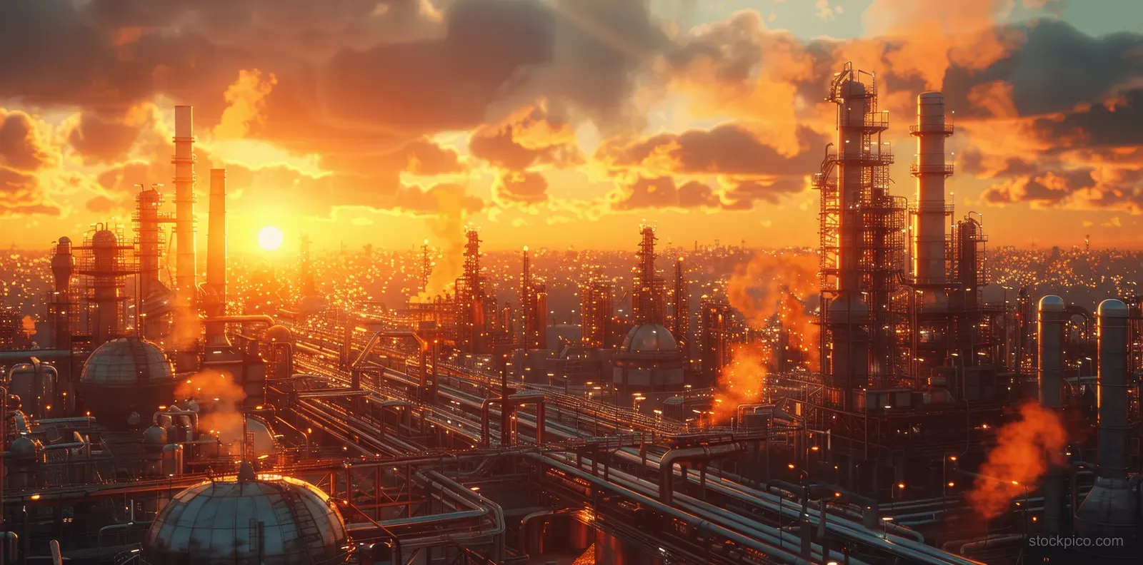 Oil refinery at golden hour with large pipes and stacked towers across an industrial pipeline network.