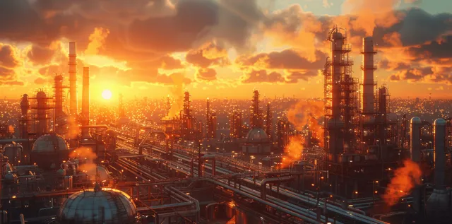 Oil refinery plant with towering pipes and pipelines glowing during golden hour with Industrial Transportation Systems