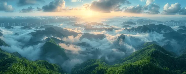 Wind turbines on a mountain ridge generate power as clouds and sunset light fill the panoramic sky.