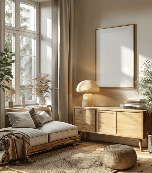 Cozy beige living room interior with wood sideboard, framed mockup poster, and window daylight
