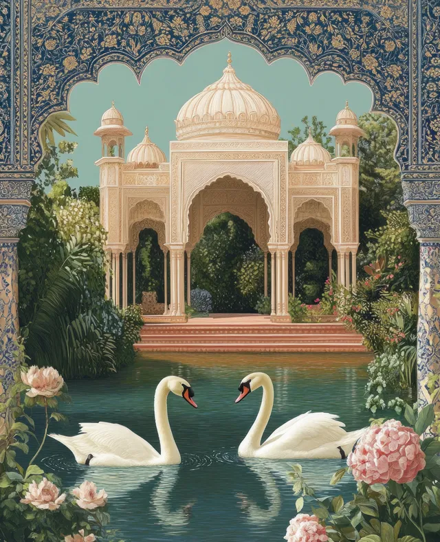 Two Swans Floating in a Tranquil Pond Before Mughal Pavilion