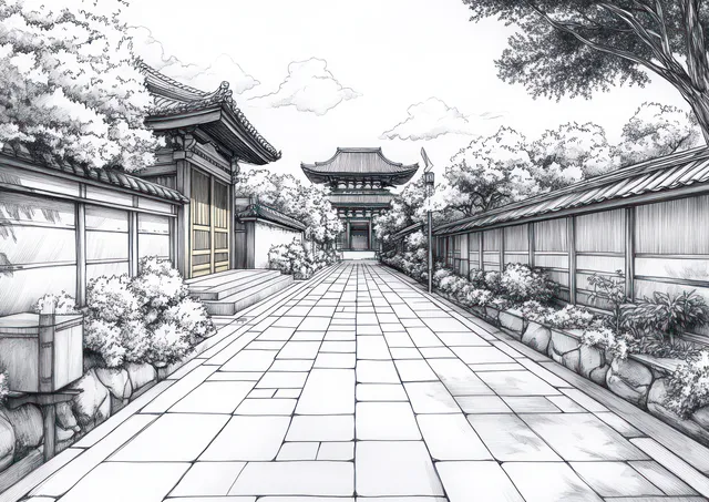 Ink sketch of a traditional Japanese street with lattice walls, tiled walkway, and distant pagoda silhouettes.