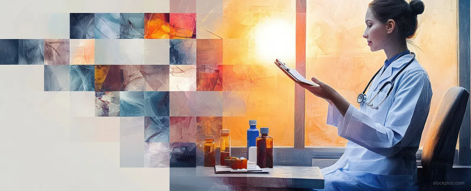 Female doctor reviews a clipboard at her desk by a sunset-lit window with prescription bottles beside her.