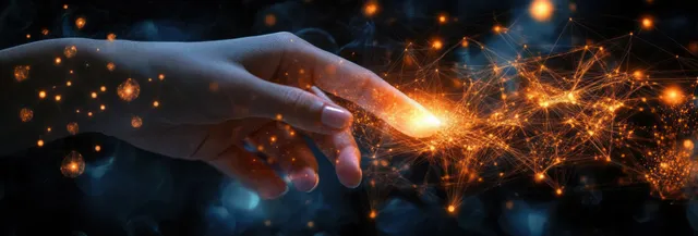 A hand fingertip glows and connects to orange, interconnected light nodes forming a digital network across a dark background.