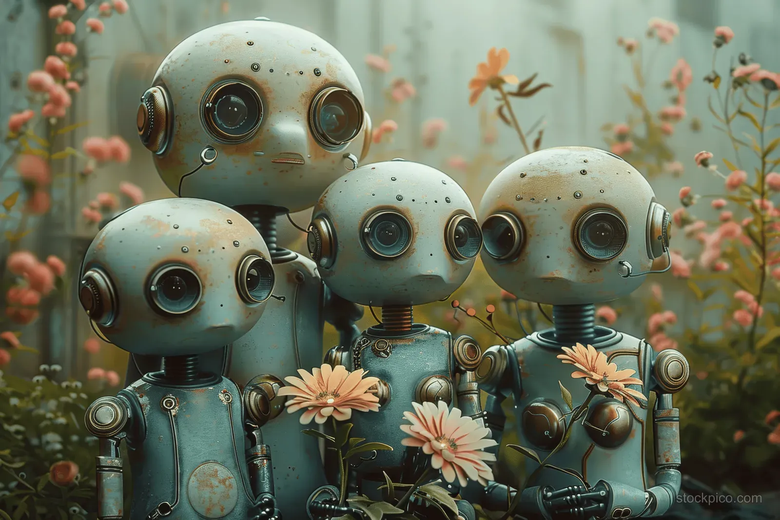 Four cute robots cuddle closely with daisy flowers in a softly lit garden with blurred background lights.