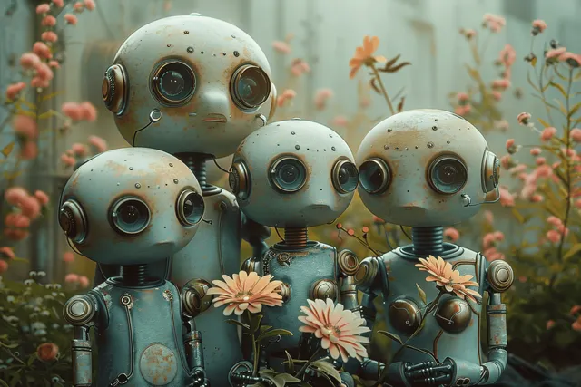 Four cute robots cuddle closely with daisy flowers in a softly lit garden with blurred background lights.