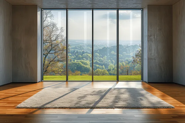 Empty modern room with panoramic window, wooden floor, concrete walls, and green valley landscape view.